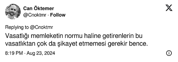 ... ve ardından "Vasatlığı memleketin normu haline getirenlerin bu vasatlıktan çok da şikayet etmemesi gerekir bence." yorumunda bulunması Işık'ın tepkisini çekti. Işık, kullanıcının paylaşımına 'Gibi' dizisinden küfürlü bir replikle cevap verdi. "Laflara bak hele" demeye getirdi.