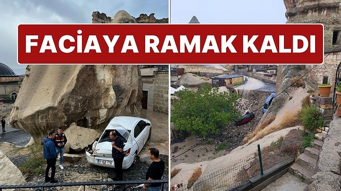 Kapadokya’da Sel Oldu: Peribacalarından Kopan Kayalar Araçlara Zarar Verdi