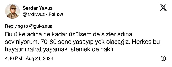 Kimi ise, kullanıcıya hak vererek, Türkiye'deki genel durumdan üzüntü duyduğunu ancak bireylerin kendi yaşam kalitesini artırma haklarını savunduğunu belirtti.