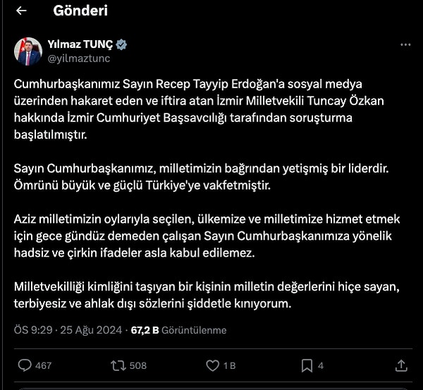 Yılmaz Tunç, "Milletvekilliği kimliğini taşıyan bir kişinin milletin değerlerini hiçe sayan, terbiyesiz ve ahlak dışı sözlerini şiddetle kınıyorum." diyerek şu paylaşımı yaptı: