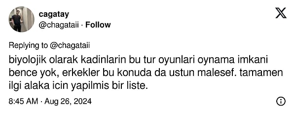 Ancak bu kez bir kullanıcı oyun meselesi ve cinsiyetleri "biyolojik" olarak ele alarak konuya kendi aşırı bilimsel yaklaşımını yaptı.