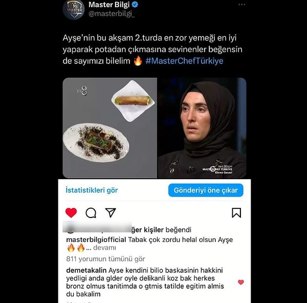 Akalın, MasterChef Ayşe için "Delikanlı kız, azimli" diye yazdı.