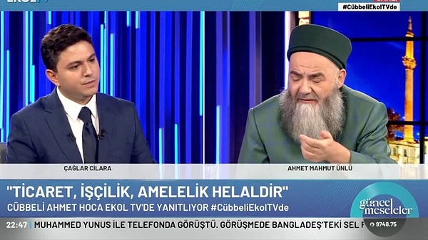 Ekol TV'de katıldığı 'Güncel Meseleler' programında Çağlar Cilara'nın sorularını yanıtlayan 'Cübbeli Ahmet' lakaplı Ahmet Mahmut Ünlü, bir izleyiciden gelen 'ezan' sorusunu yanıtladı.