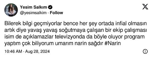 Bilerek bilgi geçilmediğini belirten Salkım "Her şey ortada infial olmasın artık diye yavaş yavaş soğutmaya çalışan bir ekip çalışması..." ifadelerini kullandı.