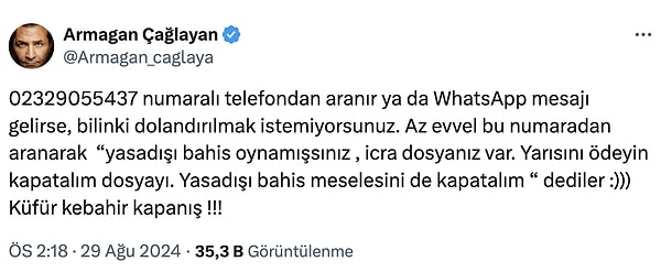 Çağlayan'ın X hesabında paylaştığı o numara ve yöntem şöyle 👇