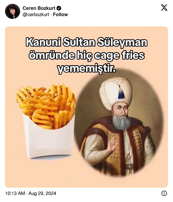 Tarih ve Tarif içeriklerinden tanıdığımız Ceren Bozkurt ise bu duruma dikkat çekmek istemiş olacak ki, Kanuni Sultan Süleyman'ın "cage fries" yemediğini dile getirdi...