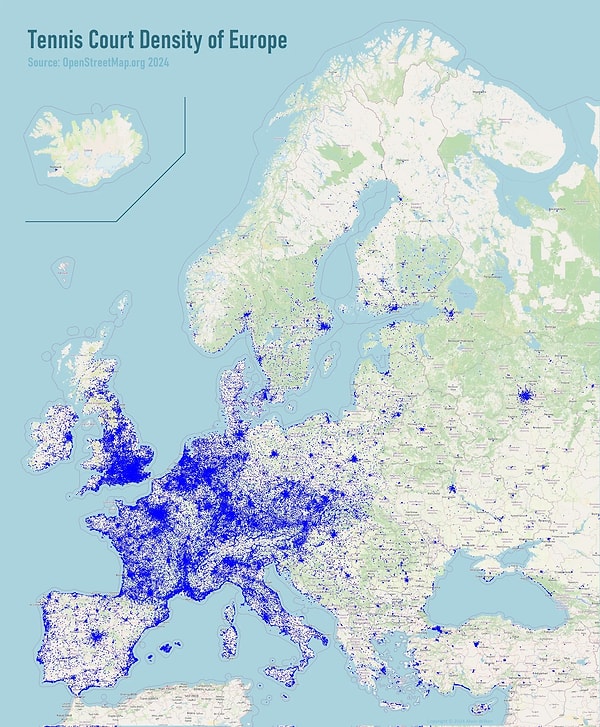 4. Mavi renkle gösterilenler Avrupa'daki tenis kortunun yoğun olduğu bölgeler.