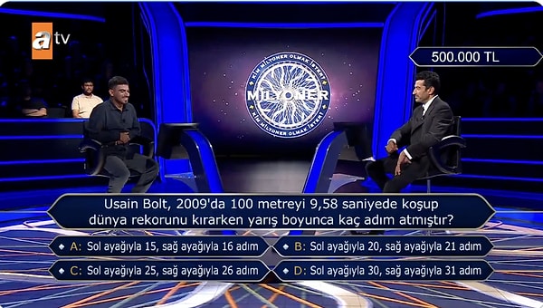 500 Bin TL değerindeki soruda çekilme kararı alan genç yarışmacı, B şıkkını söyleyerek doğru yanıt verse de 300 Bin TL'nin sahibi olmuştu.