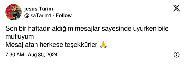 Ayrıca aldığı mesajlar sebebiyle bir haftadır mutlu uyuduğunu da dile getirdi. Başarıların daim olsun İsa!