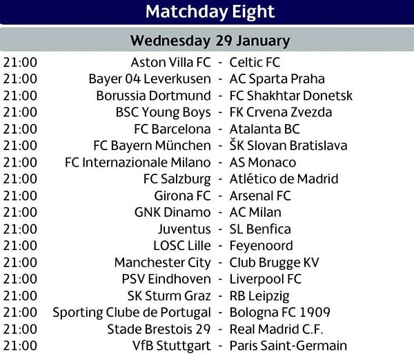 İşte  29 Ocak 2025 tarihinde oynanacak maçların fikstürü: