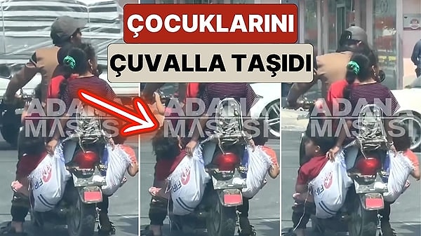 Güvenlik Desen Var! Adana'da Bir Baba Çocuklarını Motoruna Astığı Çuvallara Koyarak Taşıdı