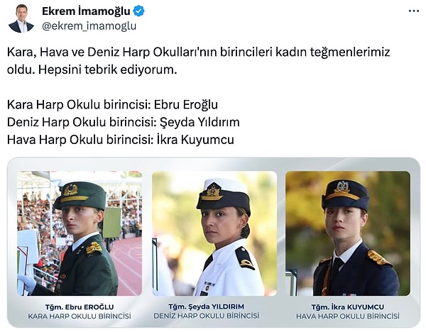 İstanbul Büyükşehir Belediye Başkanı Ekrem İmamoğlu da Harp Okulu birincilerini tebrik etti.