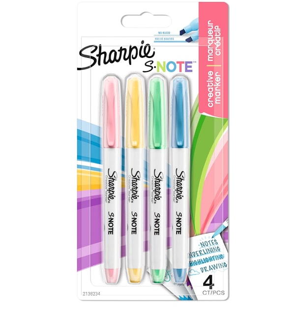 8. Sharpie S-Note Fosforlu İşaretleme Kalemi, 4'lü Blister, Karışık