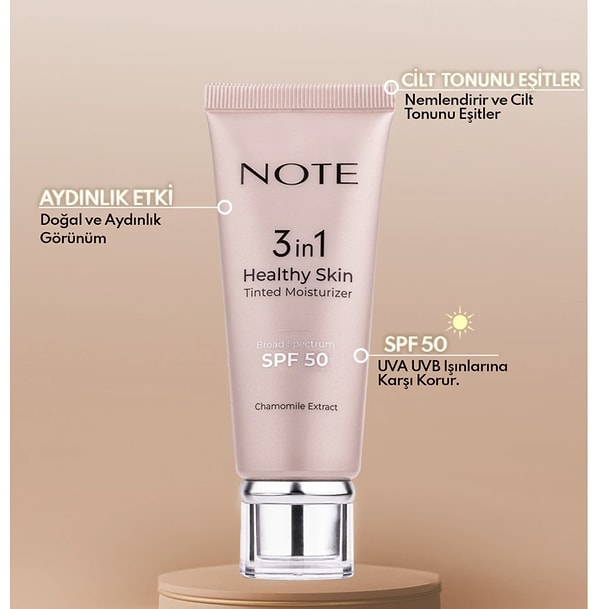 Note 3 in 1 Healthy Skin Tinted Moisturizer 50 SPF+ Renk Ton Eşitleyici Aydınlatıcı Krem