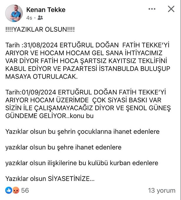 Fatih Tekke'nin yeğeni ya da bir yakını olarak Karadeniz basınında tanıtılan kişi yaşanan süreci kişisel sosyal medya hesabında şu şekilde özetledi: