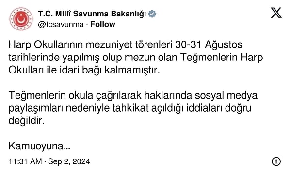 Milli Savunma Bakanlığı'nın konuya dair paylaşımı: