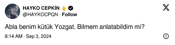 Kendi fotoğrafını kullanarak böyle bir paylaşım yapan kullanıcının gönderisini cevapsız geçmeyen Hayko Cepkin "Abla benim kütük Yozgat. Bilmem anlatabildim mi?" diyerek cevap verdi.