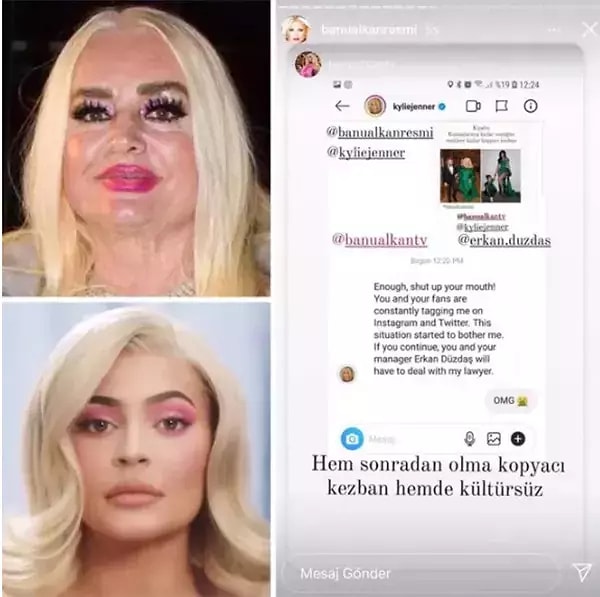 Bunun üzerine Afrodit'in iddiasına göre,  Kylie Jenner, kendisiyle sosyal medyadan iletişime geçmiş ve ''Yeter, kapa çeneni. Sen ve fanların beni sürekli Instagram ve Twitter'da bir şeylere etiketliyorsunuz.'' diyerek başlayan ve ''Eğer devam bu durum devam ederse menajerin avukatımla iletişime geçmek zorunda kalacak'' şeklinde biten bir mesaj bile atmış.👀