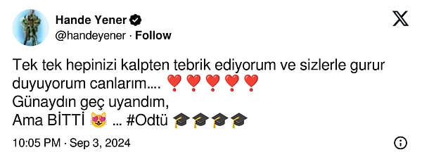 Ünlü şarkıcı, X (Twitter) hesabından "Tek tek hepinizi kalpten tebrik ediyorum ve sizlerle gurur duyuyorum canlarım…. ❣️❣️❣️❣️❣️ Günaydın geç uyandım, Ama BİTTİ 😻 …" dedi.