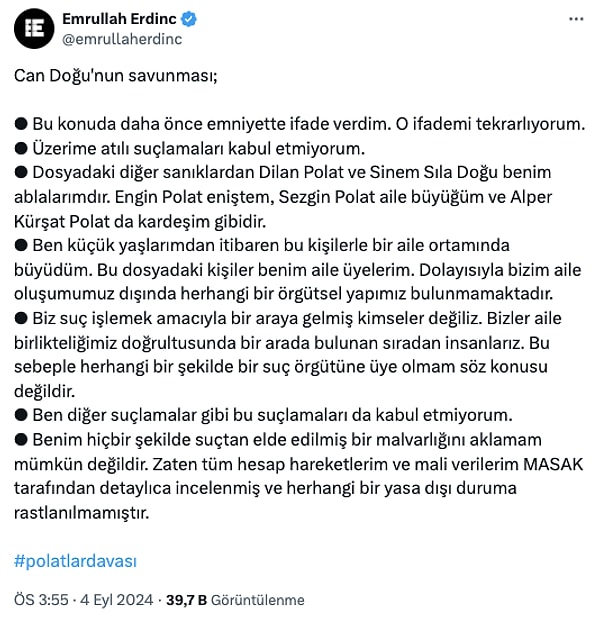 Sıla Doğu'yla beraber tahliye olan Can Doğu da "Üzerime atılı suçlamaları kabul etmiyorum" diyerek tüm iddiaları yalanladı.