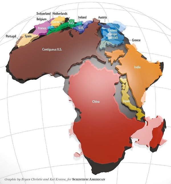 6. Afrika'nın gerçek boyutları da bu şekilde. Neredeyse tüm ülkeleri içine sığdırabilmiş.