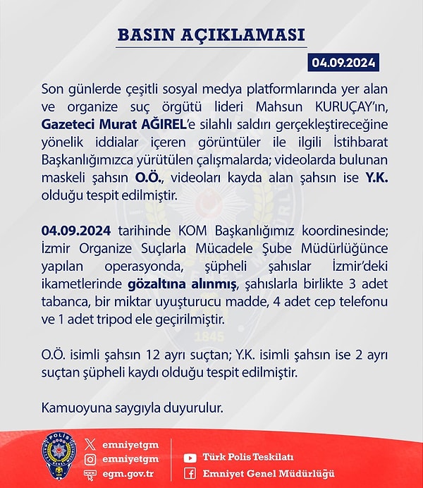 Gözaltına alınan şahısların evinde yapılan aramada, 3 adet tabanca, bir miktar uyuşturucu, 4 adet cep telefonu ve bir tripod ele geçirildi.