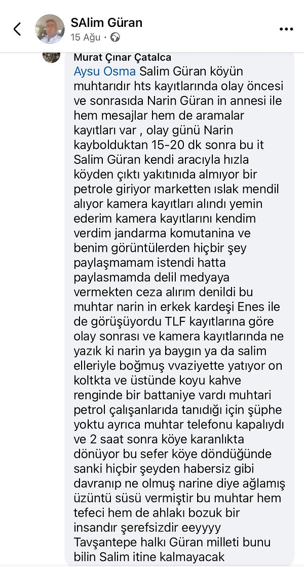 Çatalca’nın Facebook’ta yaptığı yorum