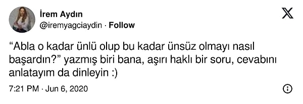 İrem'e "abla bu kadar ünlüyken bu kadar ünsüz olmayı nasıl başardın?" diye soran kullanıcı, İrem'in dikkatini çekmeyi başarmıştı.