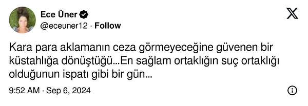 Açıklamalarıyla adından bahsettiren ünlü spiker Ece Üner kara para aklama suçundan yargılanan Polatlara tepkisini "Kara para aklamanın ceza görmeyeceğine güvenen bir küstahlığa dönüştüğü… En sağlam ortaklığın suç ortaklığı olduğunun ispatı gibi bir gün…" şeklinde gösterdi.