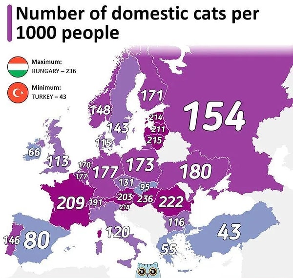 4. Avrupa'da yapılan bir araştırmada 1000 kişi başına düşen ev kedisi sayısı. Macaristan ilk sırada yer alırken Türkiye, araştırmaya dahil edilen ülkeler arasında son sırada.