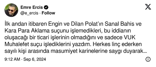 Ercis'in "Başından beri bu aileyi linç edip suçlayanlar sanırım bir özürden fazla açıklama yapmalılar." paylaşımı sosyal medya kullanıcıları tarafından tepki gördü.