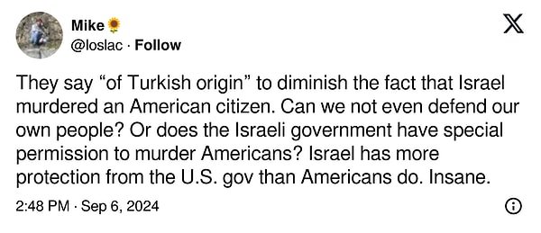 "Kendi insanlarımızı bile savunamıyor muyuz? Yoksa İsrail hükümetinin Amerikalıları katletmek için özel izni mi var?"