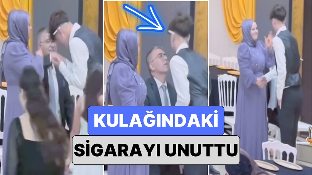 Bir Düğünde Kulağında Sigara Olduğunu Unutan Genç Babasıyla Selamlaşınca Ortaya Güldüren Görüntüler Çıktı