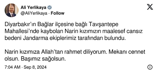 İçişleri Bakanı Ali Yerlikaya da Twitter hesabından baş sağlığı dileyerek şu sözleri söyledi: