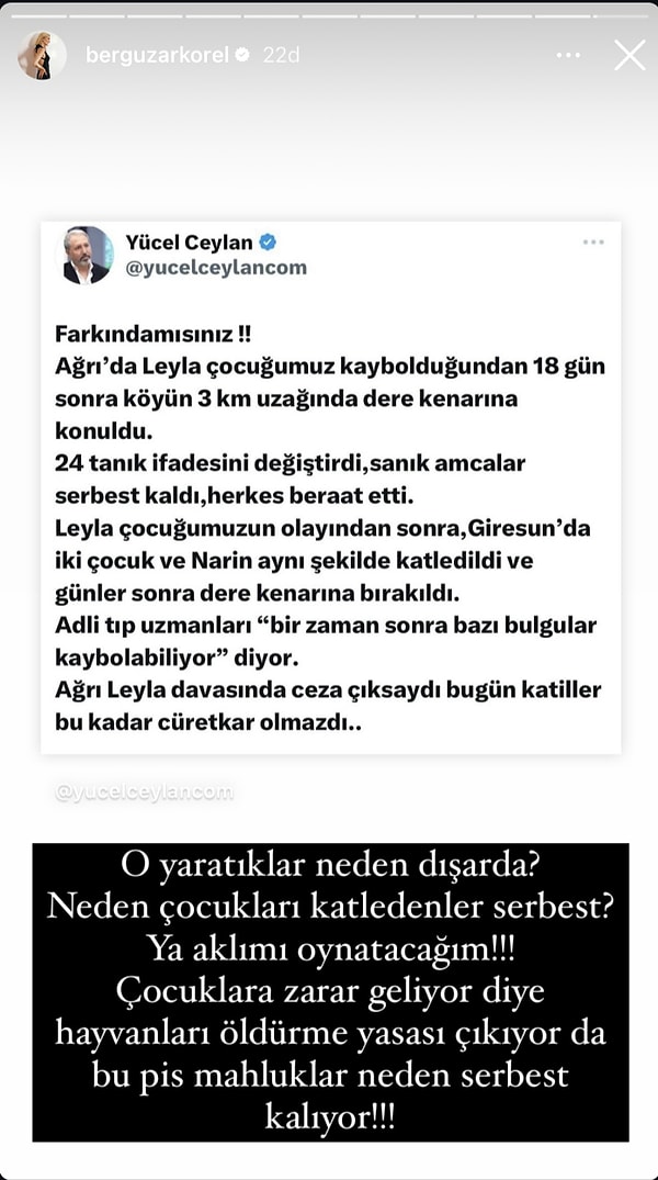 "O yaratıklar neden dışarda? Neden çocukları katledenler serbest? Ya aklımı oynatacağım!!! Çocuklara zarar geliyor diye hayvanları öldürme yasası çıkıyor da bu pis mahluklar neden serbest kalıyor!!!"