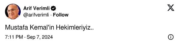 Doktor kimliğine sıkı sıkıya bağlı olan Verimli, resmi X (Twitter) hesabından "Mustafa Kemal'in hekimleriyiz" diyerek kurucumuz Gazi Mustafa Kemal Atatürk'ü andı.