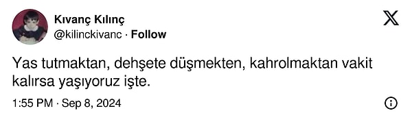 Bir kız çocuğunun katledilmesi ve kadın teğmenlerimizin Atatürk'ü anmasının ardından söylemlerinin eleştirilmesine Kıvan Kılınç, sessiz kalamayarak: ''Yas tutmaktan, dehşete düşmekten ve kahrolmaktan vakit kalırsa yaşıyoruz işte.'' 👇