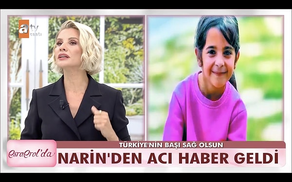 Esra Erol bugünkü yayını siyahlar içerisinde açtı. Türkiye'yi yasa boğan Narin cinayeti ile ilgili konuştu.