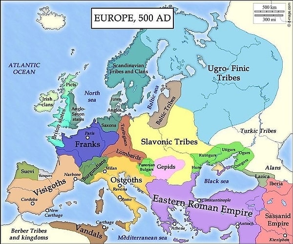 By the year 500 AD, Europe looked like this. The Anatolia region, including Turkey, was part of the Eastern Roman Empire.