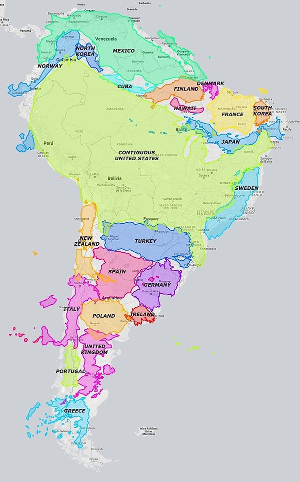 The continent of South America is as large as the total area of these countries: Norway, North Korea, Mexico, Cuba, Finland, Denmark, France, South Korea, Japan, the US, Sweden, New Zealand, Ireland, Turkey, Spain, Germany, Poland, the United Kingdom, Portugal, and Greece.