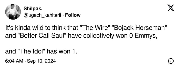 "The Wire", "Bojack Horseman" ve "Better Call Saul"un toplamda 0 Emmy ödülü kazandığını düşünmek biraz çılgınca. Ve "The Idol" 1 tane kazandı"