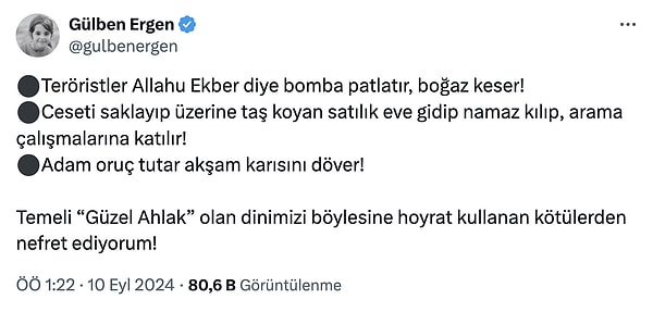 Dini hoyrat kullanan kişilere nefret kusan Ergen'in "Teröristler Allahu Ekber diye bomba patlatır, boğaz keser!" sözleriyle başlayan paylaşımı gündem oldu.