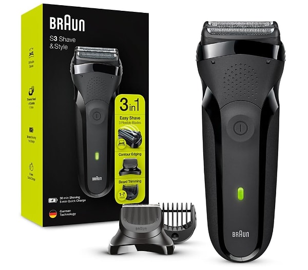 12. Braun 3 Serisi 300 BT BLK 3’ü 1 Arada, Kablosuz ve Kuru Kullanım Tıraş Makinesi / Tıraş Makinesi