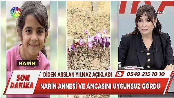 6. Yayın yasağının kaldırılmasının ardından Narin'le ilgili gelişmeleri Vazgeçme programında aktaran Didem Arslan Yılmaz, dünkü yayınında haber kaynağının Narin'in annesi ve amcası arasında ilişki olduğunu ve küçük kızın onları uygunsuz yakaladığı için öldürüldüğünü söylediğini belirtmişti. Bu haberin ardından Gülben Ergen'in, haber kaynağını sorgulaması üzerine ünlü gazeteci canlı yayında sert çıktı.