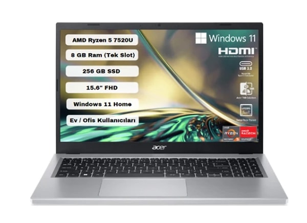 4. Acer Aspire 3 A315-24P AMD Ryzen 5 7520U 8GB 256GB SSD Windows 11 15.6” FHD Taşınabilir Bilgisayar NX.KDEEY.003