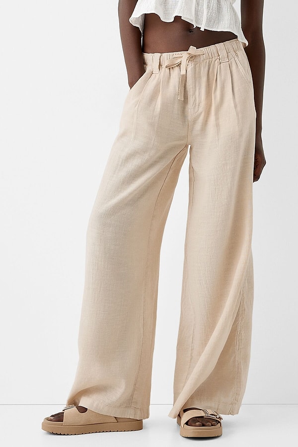 Bershka Wide Leg Keten Karışımlı Pantolon