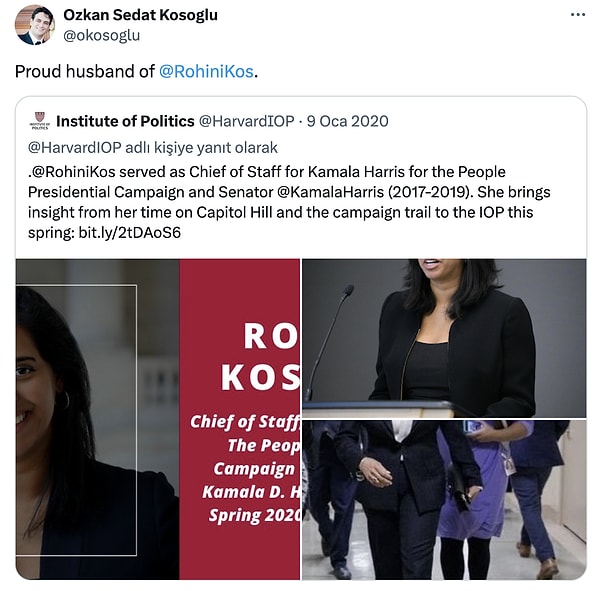 Özkan Sedat Kösoğlu, 2020 yılında Kamala Harris'in Halk Başkanlık Kampanyası için Kurmay Başkanı olarak görev alan eşi Rohini Kösoğlu ile gurur duyduğunu, 'Rohini Kosoglu'nun gururlu eşi' yorumuyla tüm dünyaya göstermişti.