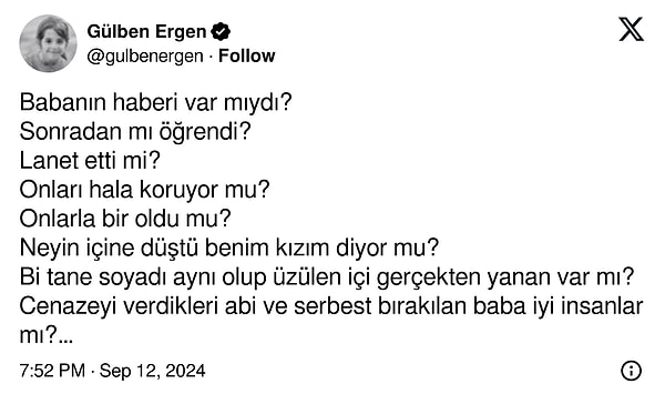 "Bi tane soyadı aynı olup üzülen içi gerçekten yanan var mı?" diyerek takipçilerini cevapsız sorular ile baş başa bıraktı.