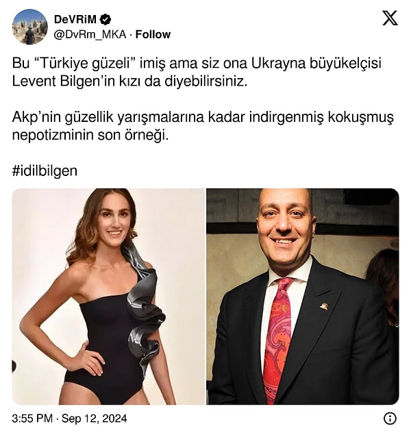 Bilgen'in Kiev Büyükelçisi Levent Bilgen'in kızı olması da torpil iddialarına neden oldu.