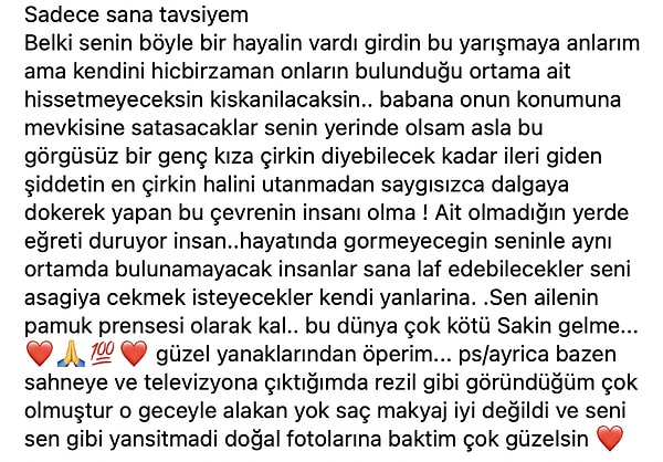 Bilgen'e tavsiyelerde bulunan Serengil, "babana onun konumuna mevkisine satasacaklar senin yerinde olsam asla bu görgüsüz bir genç kıza çirkin diyebilecek kadar ileri giden şiddetin en çirkin halini utanmadan saygısızca dalgaya dökerek yapan bu çevrenin insanı olma" açıklamaları ile Bilgen'i uyardı 👇🏻